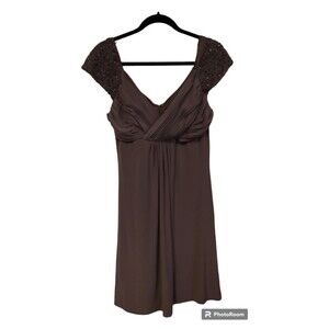 Signature Grey shoulder beaded wide open neck‎ sheer feel dress